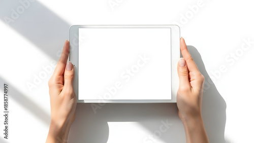 Digital Interaction: Human hands gracefully cradle a sleek digital tablet, offering a blank canvas for limitless digital interaction, and innovation.