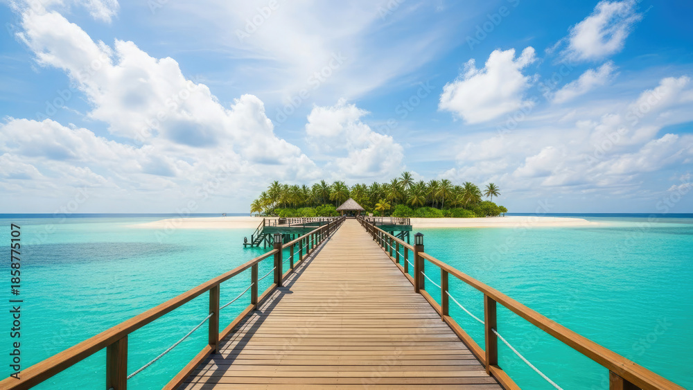 Fototapeta premium Serene island getaway with wooden pier and tropical paradise