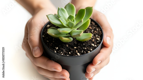 Nurturing Life: a tender embrace. A pair of hands cradles a succulent plant, symbolizing growth, care, and the nurturing of life.