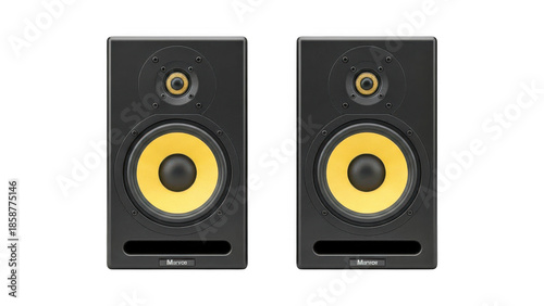 A pair of black speakers with yellow woofers and tweeters on transparent background
