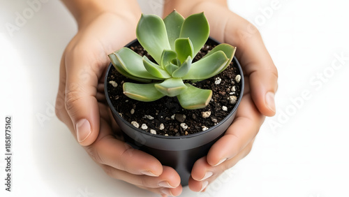 Nurturing Life: Tender hands cradle a small succulent plant, symbolizing care and the delicate beauty of nature.