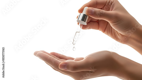 Skincare Serum Precision: A delicate droplet of serum falls gracefully from a dropper, poised over an outstretched hand, emphasizing the essence of skincare ritual and beauty