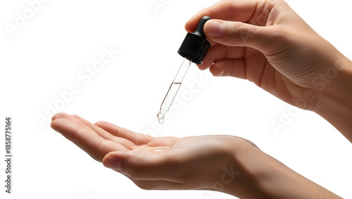 Essential Application: Close-up of a hand carefully dispensing a drop of a clear liquid from a dropper. Showcasing precision and the essence of skincare