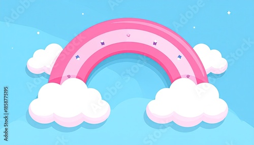 Pixel art pink rainbow with white clouds and blue sky background with small stars and glitter accents