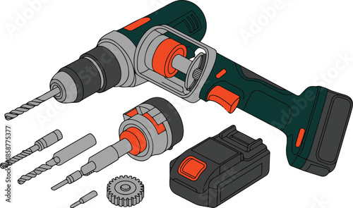 Power drill internal mechanism diagram with battery pack and various drill bits for hardware and construction tool illustration