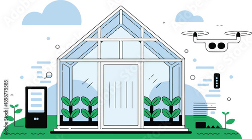Smart greenhouse with drone and digital display, representing advanced agricultural technology and automation for modern farming