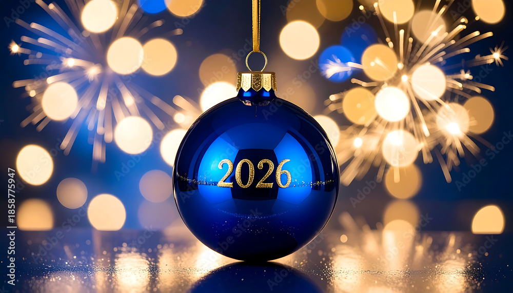 Obraz premium Esfera navideña azul con número 2026 y fuegos artificiales celebrando año nuevo 