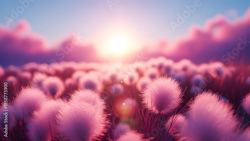 Vibrant pink floral field at sunset with soft focus and warm lighting