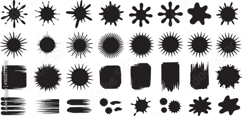 Set of black paint splatter blotches, ink splash stains, grunge texture, brush strokes, artistic smudges, watercolor stains