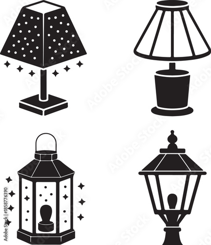 Four black silhouettes representing various types of lamps including table lanterns and street lighting fixtures
