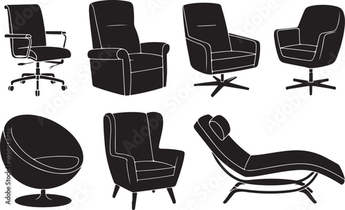 Set of eight black silhouettes of different armchairs office chairs and lounge seats furniture elements collection vector illustration