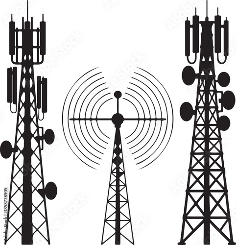 Three silhouette icons of telecommunication transmission towers showing various antenna arrays broadcasting signals across wide area