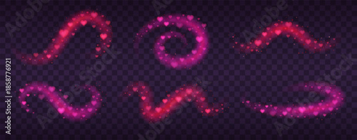 Love magic trails with floating hearts set. Valentines card decoration, romantic pink wind waves with soft blur overlay effects vector illustration on transparent background