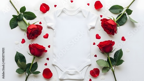 Romantic red roses and hearts on white background