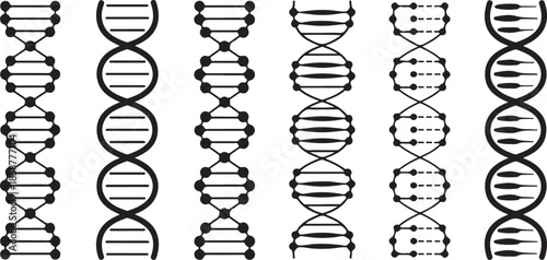 Set of various dna helix structures showing different forms and patterns genetic code for biology and science