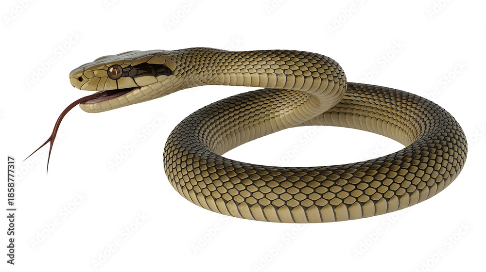 Fototapeta premium Snake coiled with tongue out on black background