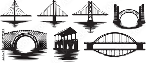 Set of various bridge silhouettes collection vector icons and graphic elements for landscape