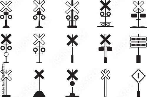 Railroad crossing sign silhouettes set with black flat icons of railway signals and level crossing barriers for safety road traffic