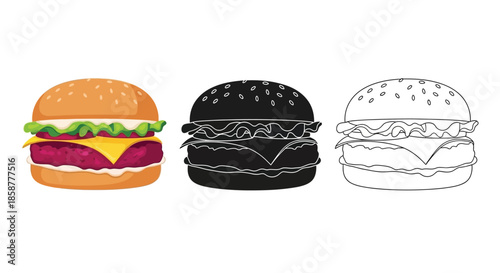 Three variations of a hamburger color black and outline styles