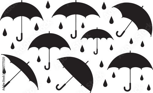Umbrella and rain drop silhouettes collection with black weather icons showing open umbrellas and falling raindrops for seasonal art