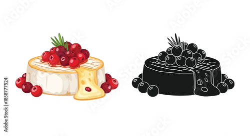 A colorful and monochrome depiction of brie cheese topped with cranberries and herbs