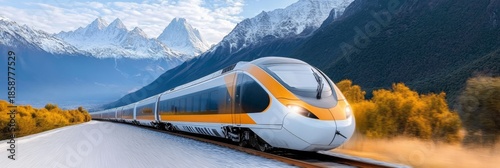 High-Speed Train Journey Through Snowy Mountains, Capturing Stunning Winter Landscape Views.