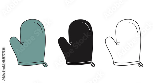 Three oven mitts in different colors and styles are displayed