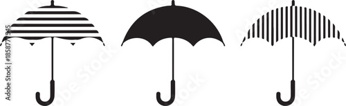 Striped umbrella silhouettes set with horizontal and vertical pattern designs on black parasol icons for sun and rain protection