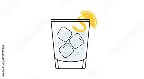 Refreshing drink with ice cubes and a lemon slice in a glass