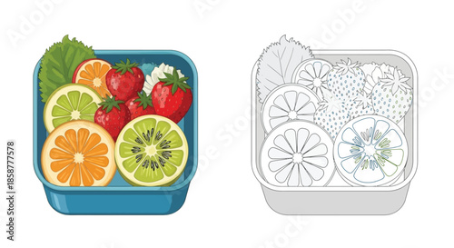 Colorful fruit assortment in a lunch box and its grayscale outline version