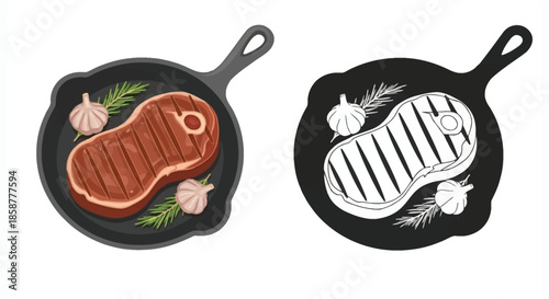 A colorful steak in a skillet with garlic and its black and white version