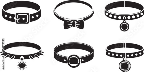 Collection of six black pet collars with buckles bows studs and charms on transparent background