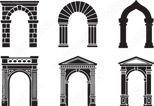 Set of six architectural arches columns and gate styles in black on transparent background