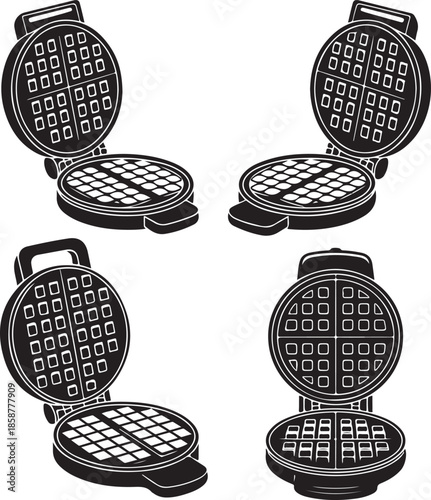 Kitchen waffle maker appliance silhouettes showing open and closed positions for breakfast cooking and culinary theme compositions