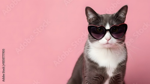 A stylish cat wearing sunglasses on a pink background
