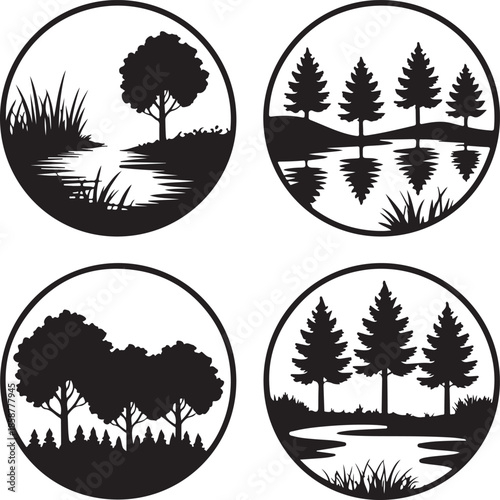 Set of round landscape silhouettes featuring trees lake and forest scenery icons for laser cutting and decorative wall art frames