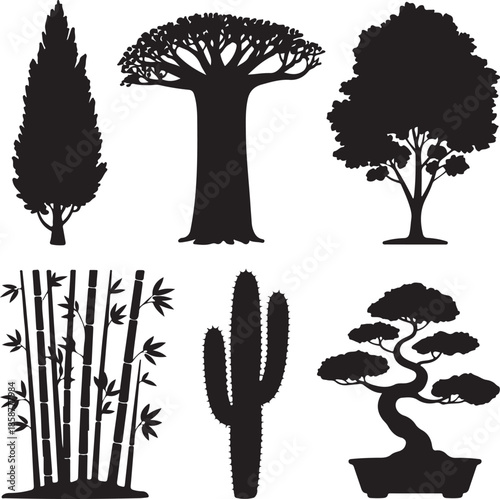 Diverse tree silhouettes collection including cypress baobab maple bamboo cactus and bonsai plant icons for botanical illustrations