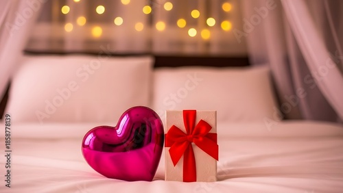 Romantic bedroom setup with heart and gift box