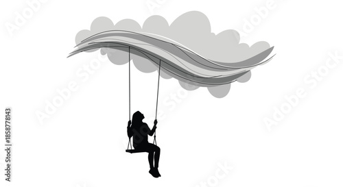 Silhouette of a person swinging on a rope swing from a cloud