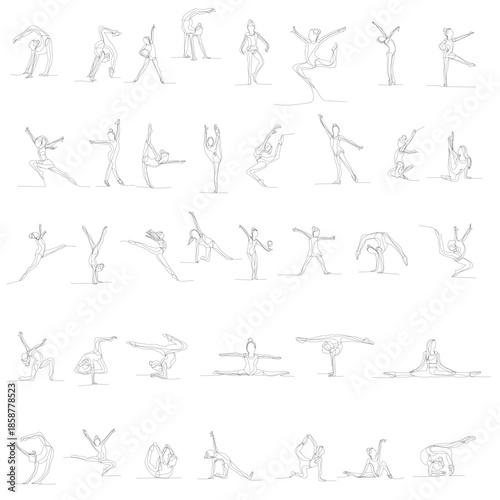 Collection of various dancing and stretching poses by a single figure.
