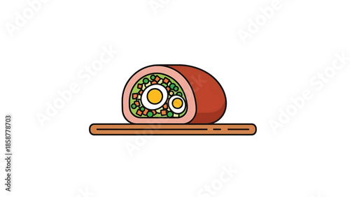 A cartoon illustration of a meatloaf or rolled meat dish, sliced to show eggs, peas, and carrots filling, on a board