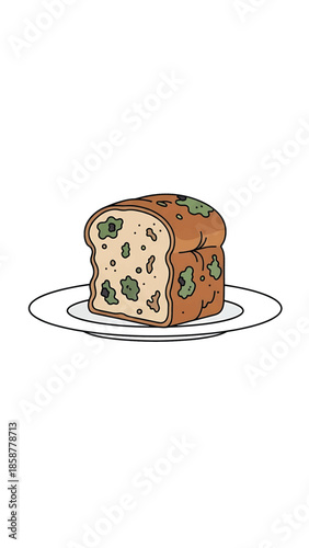 A cartoon illustration of a moldy slice of bread sitting on a white plate against a plain white background