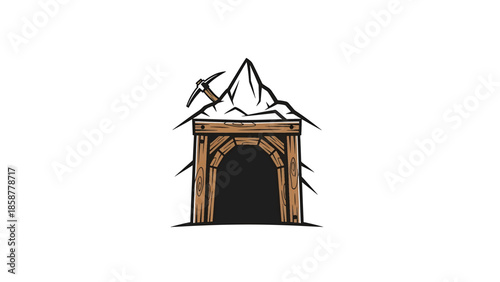A cartoon illustration of a wooden mine entrance nestled at the base of a sharp mountain, with a pickaxe