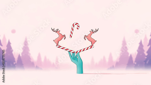 A cartoon teal hand balances two candy canes with pink deer on them and one floating candy cane, winter landscape