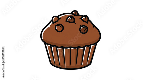 A cartoon-style chocolate muffin illustration in a brown wrapper, topped with chocolate chips, on white