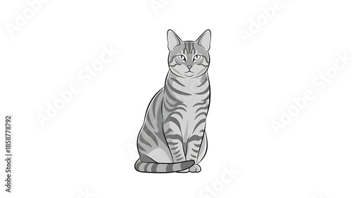 A cartoon-style grey tabby cat with dark stripes sits calmly, gazing forward on a clean white background