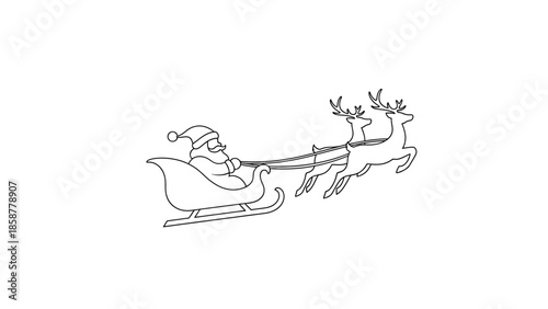 A black outline illustration depicting a jolly, bearded figure in a sleigh pulled by two reindeer