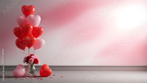 A cluster of red and pink heart shaped balloons on the floor