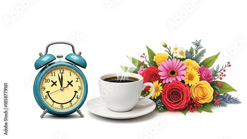 A cheerful blue alarm clock with a smiley face, a steaming coffee cup, and a vibrant flower bouquet