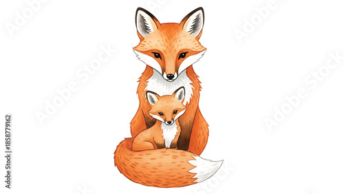A charming watercolor illustration of an adult fox with a smaller fox kit nestled in front, on white background